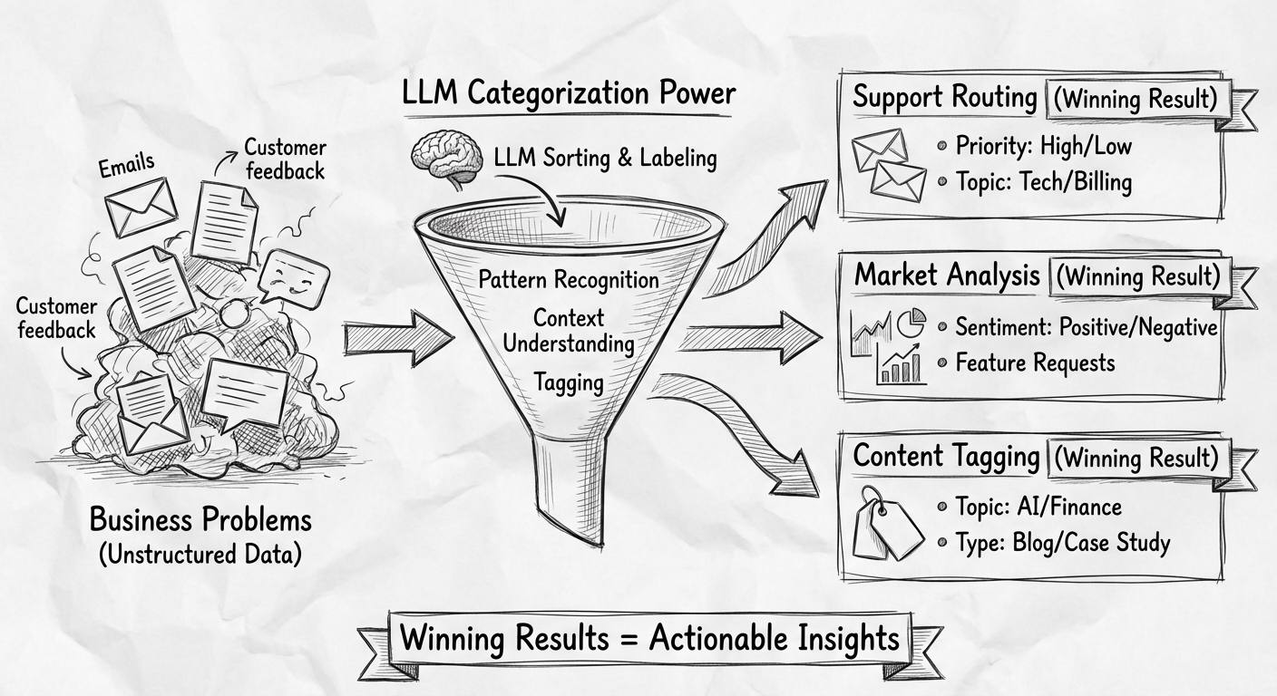 LLM Categorization Power: Transforming unstructured business data into actionable insights through pattern recognition, context understanding, and intelligent tagging