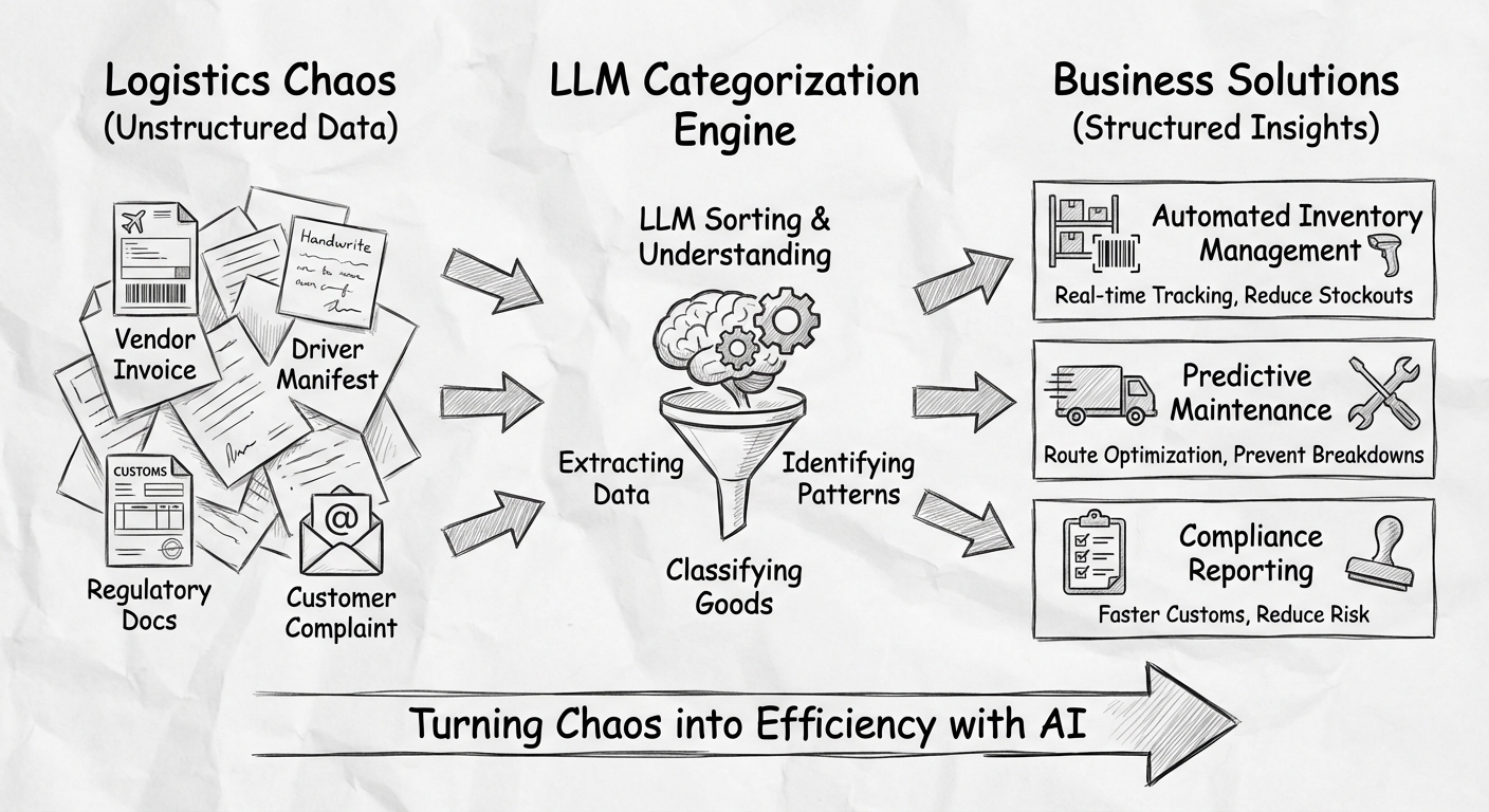 Logistics Chaos transformed into Business Solutions through LLM Categorization Engine
